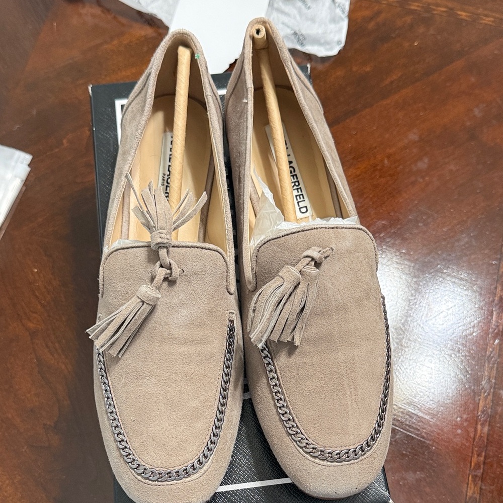 Karl Lagerfeld Taupe Suede Loafers with Tassels